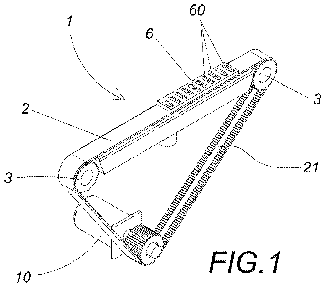 Trolley device for conveying laminar elements and conveyor assembly