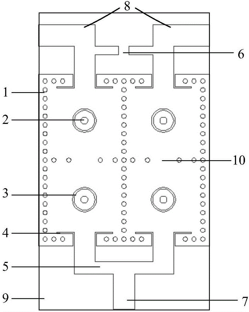 Filtering power divider of X wave band substrate-based integrated waveguide coaxial cavity