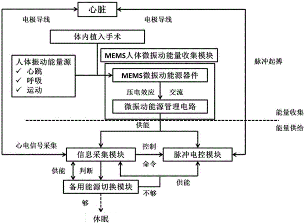 In-vivo MEMS (micro electro mechanical system) micro-vibration energy collection based cardiac pacemaker energy system