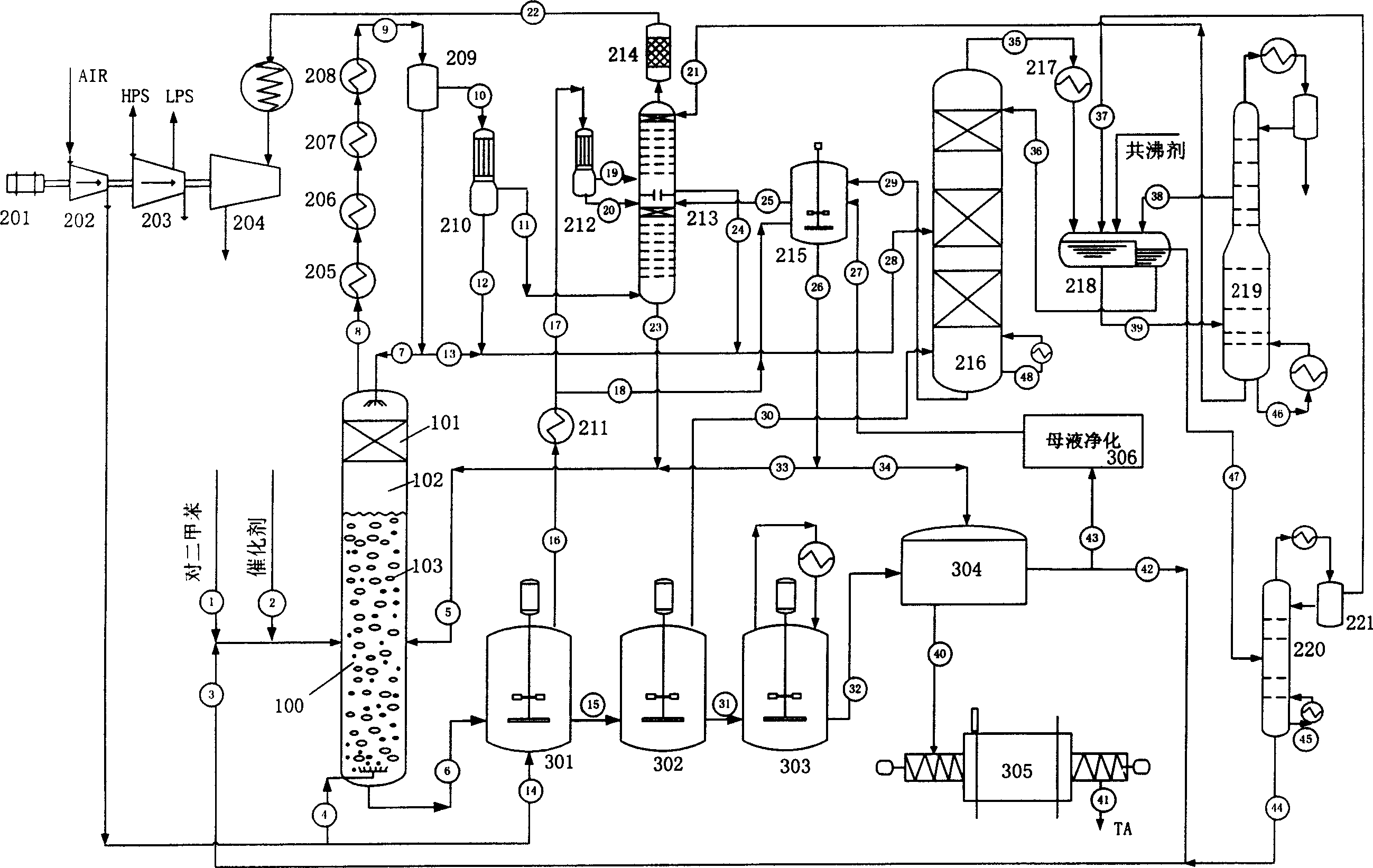 Process for producing terephthalic acid and device therefor