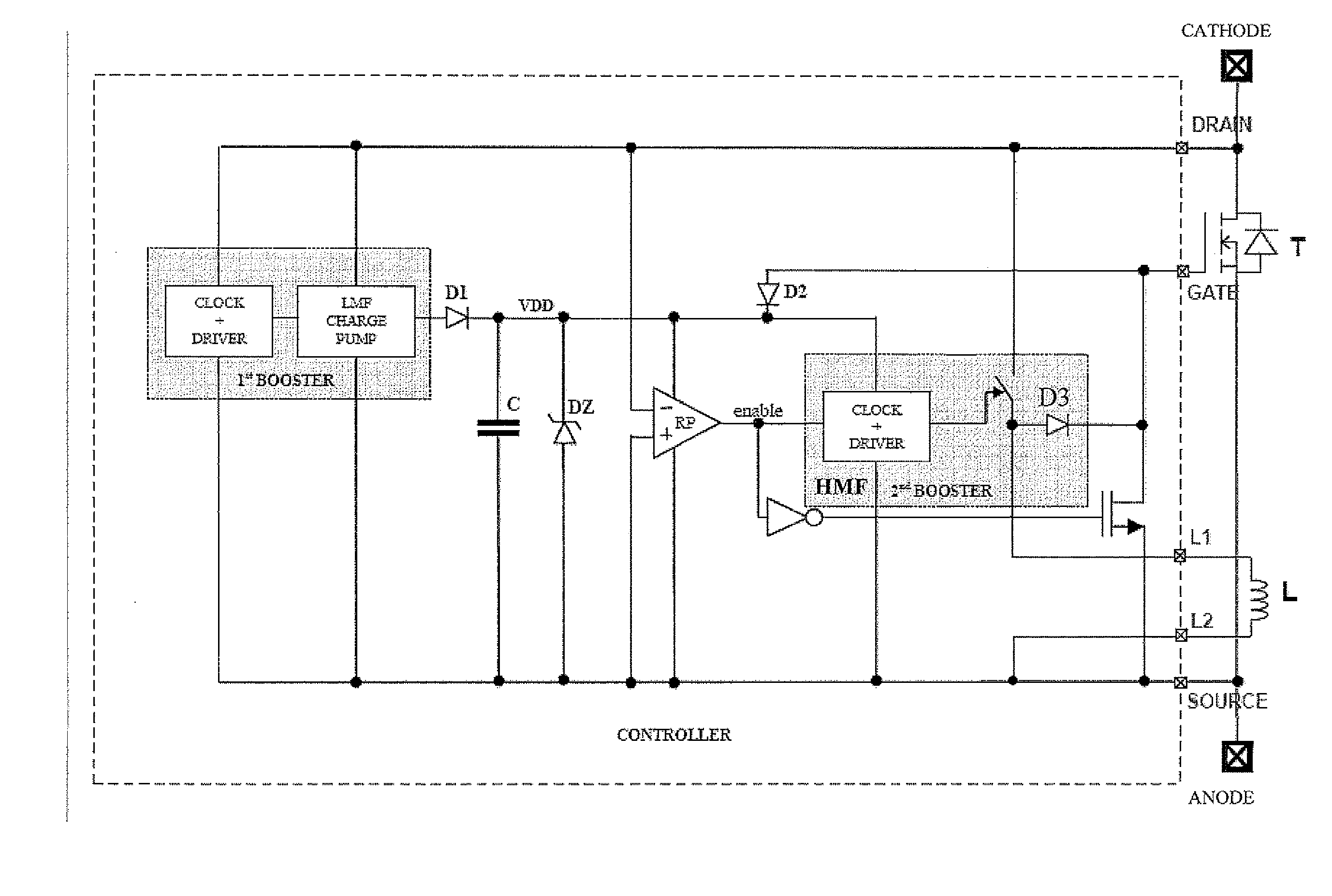 Low on-resistance mosfet implemented, by-pass diode or circuit breaker and related self-powering and control circuit