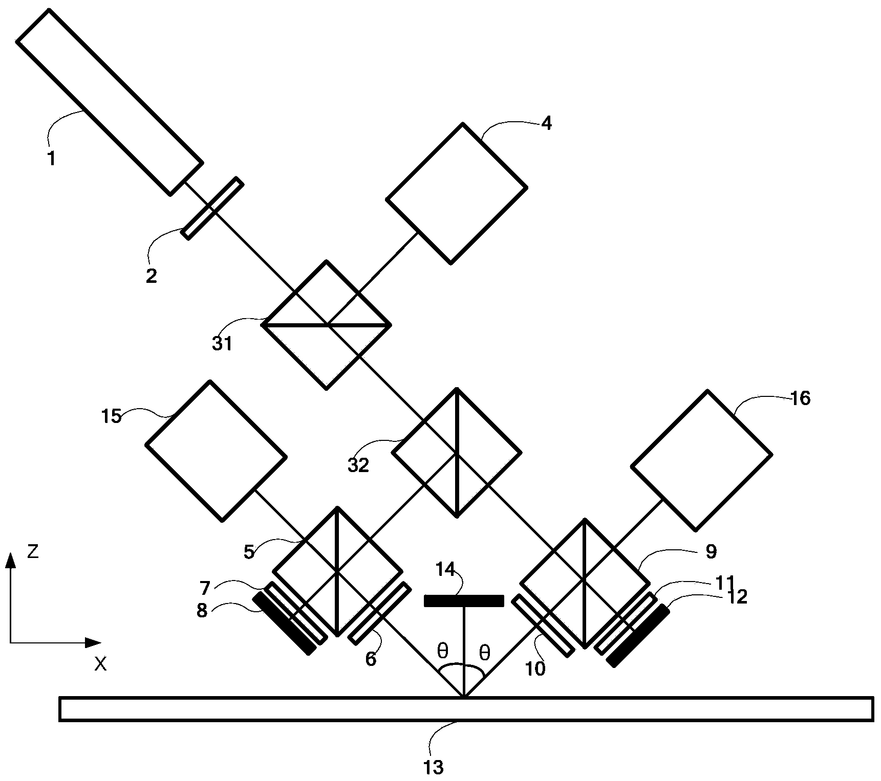 Symmetric-type grating heterodyne interference secondary diffraction measuring device