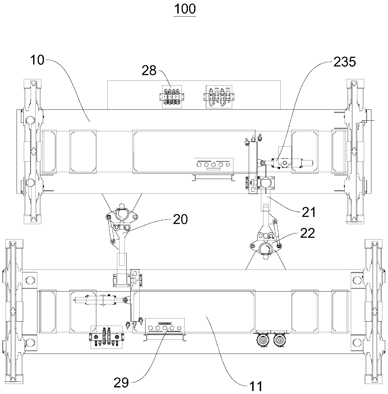 Connecting device for dual hanger top racks, and crane