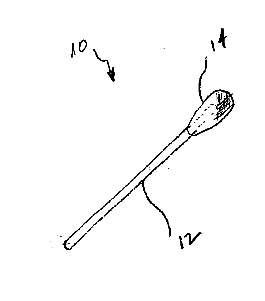 Swab device and kit for the delivery of blood clotting materials to a wound site