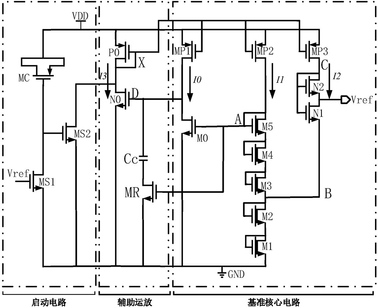 High-power-supply-rejection-ratio reference circuit based on sub-threshold-region MOS partial pressure