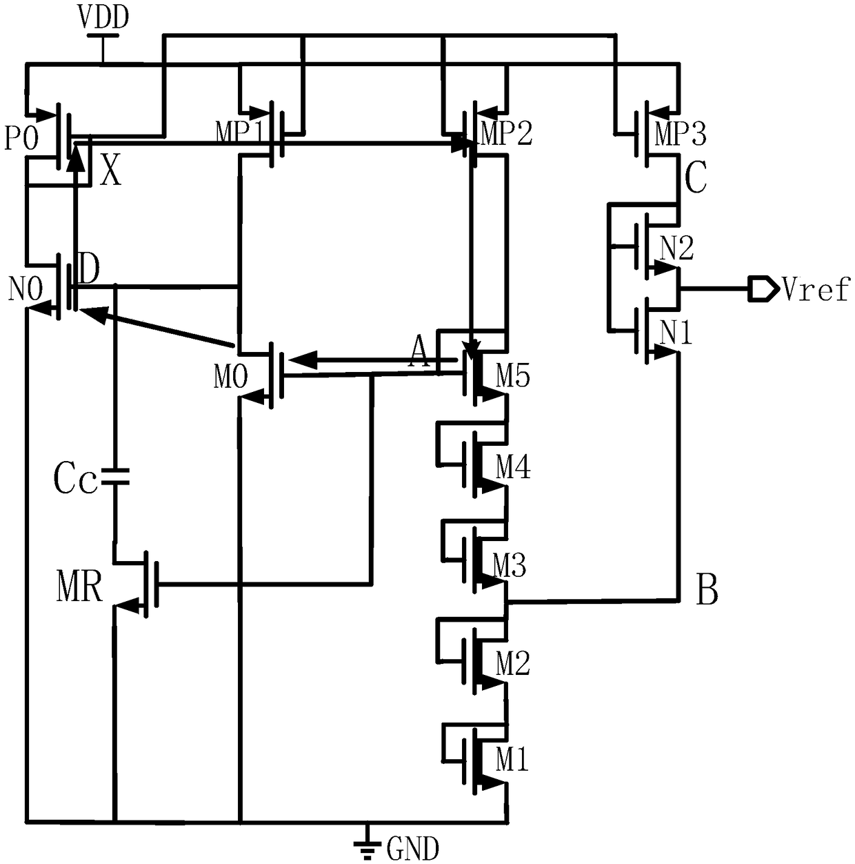 High-power-supply-rejection-ratio reference circuit based on sub-threshold-region MOS partial pressure