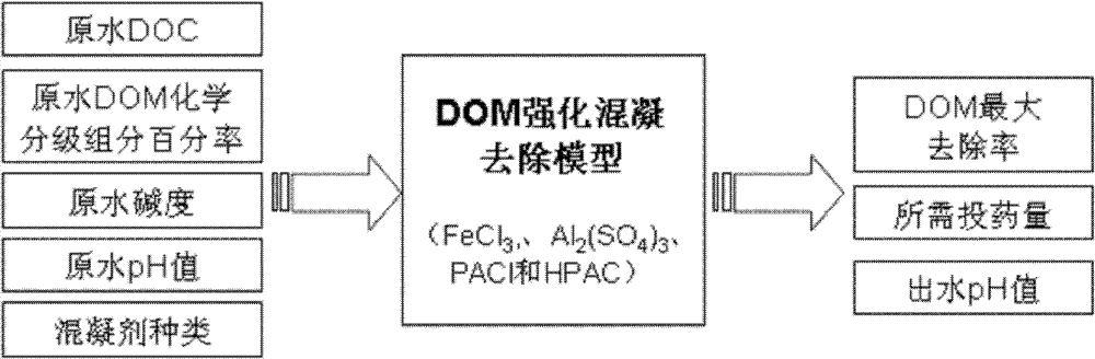 Method for determining maximum removal rate of dissolved organic matters, addition quantity of coagulant and pH value of effluent during strengthened coagulation treatment of drinking water