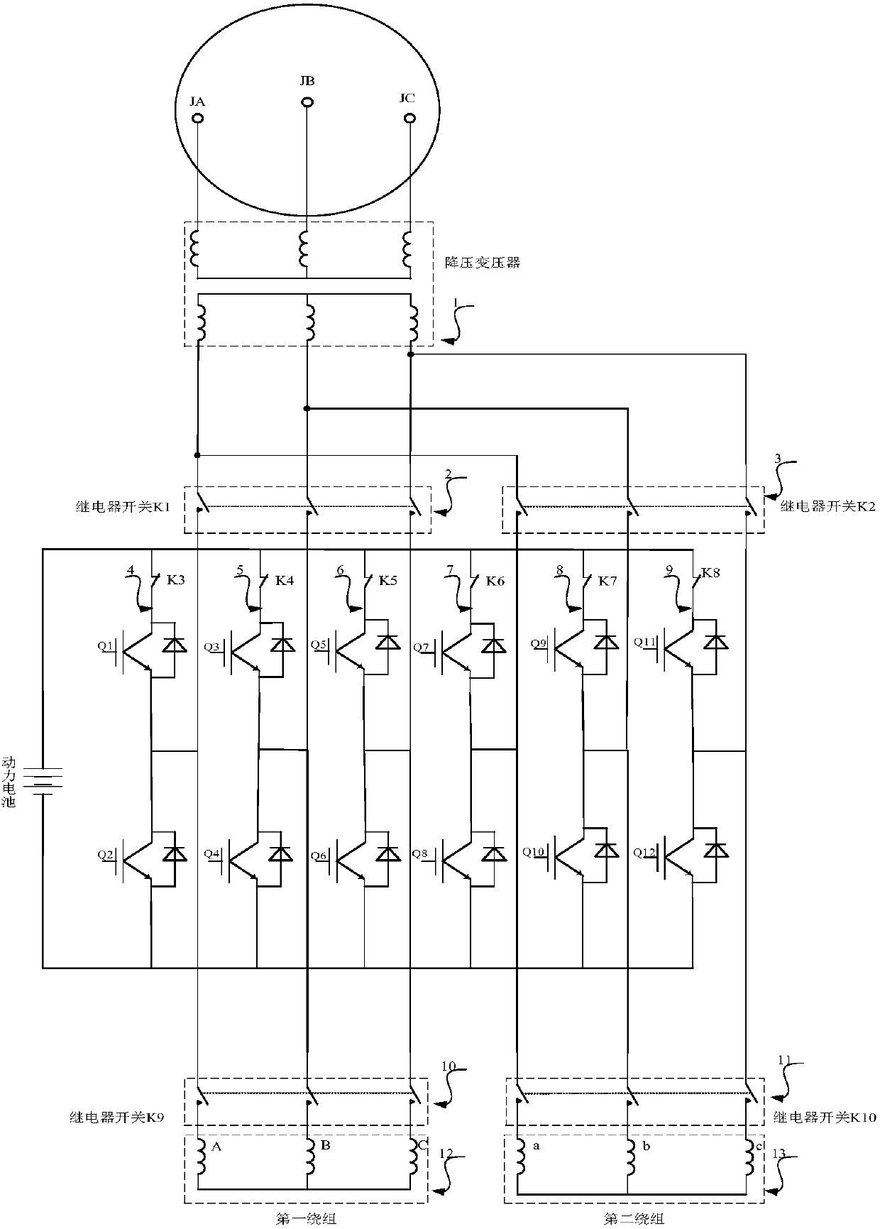 Three-phase inverter circuit integrated with drive and charging functions, electric vehicle drive and charge function integration device, and vehicle