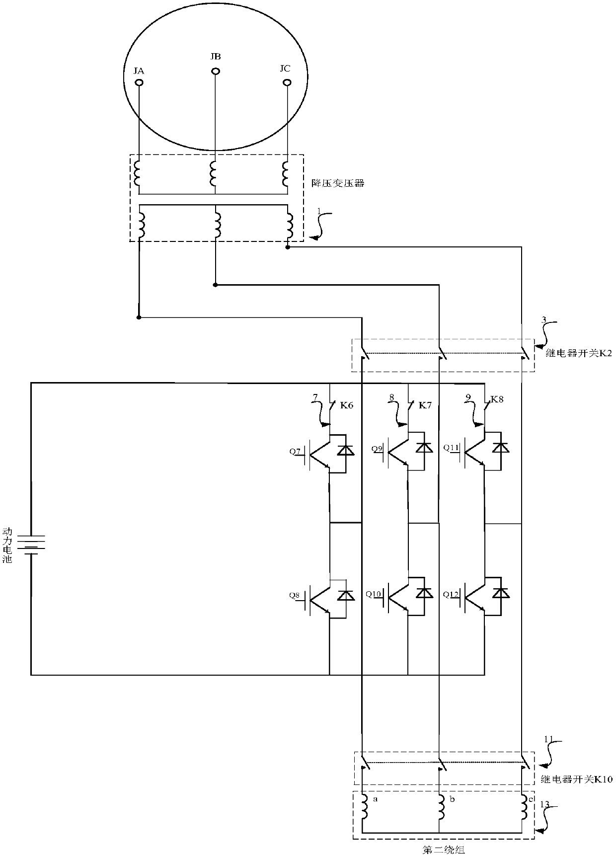 Three-phase inverter circuit integrated with drive and charging functions, electric vehicle drive and charge function integration device, and vehicle