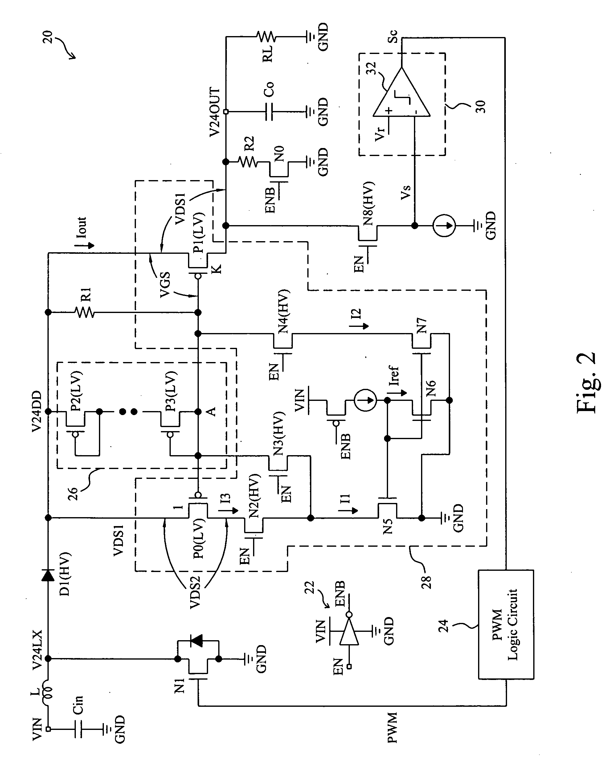 Non-synchronous boost converter including low-voltage device for load disconnection