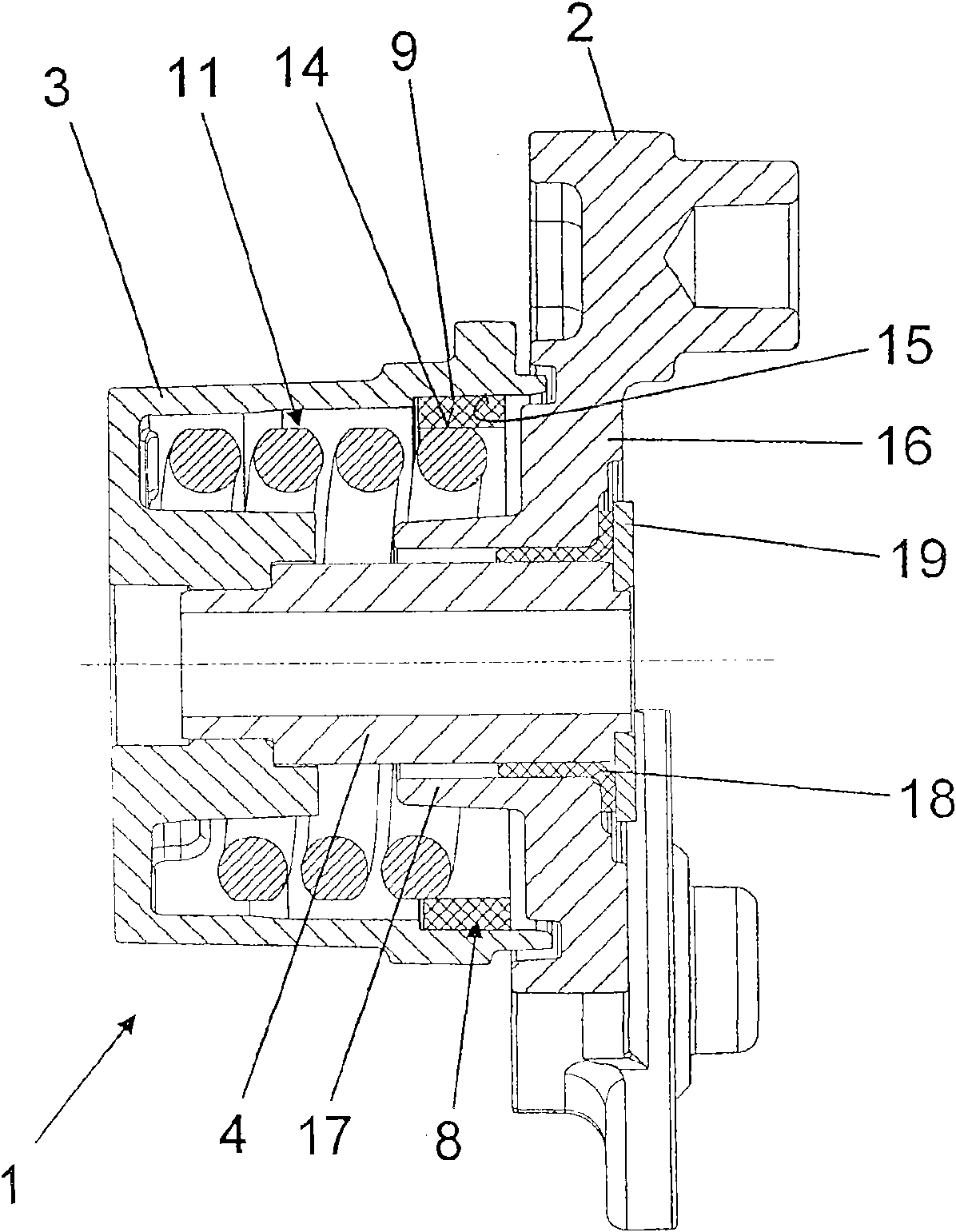 Damping device of a mechanical tensioning system for a traction mechanism drive