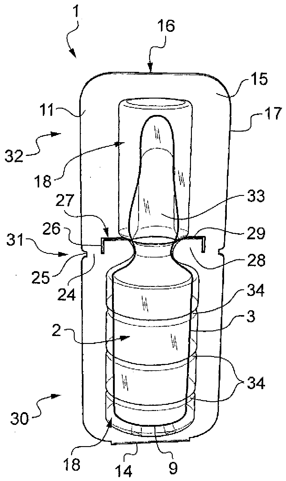 Unitary packaging for one container filled with a liquid pharmaceutical product