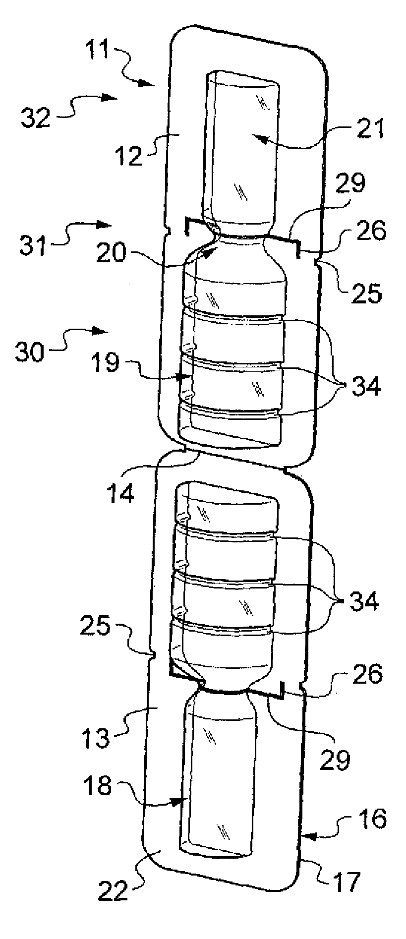 Unitary packaging for one container filled with a liquid pharmaceutical product