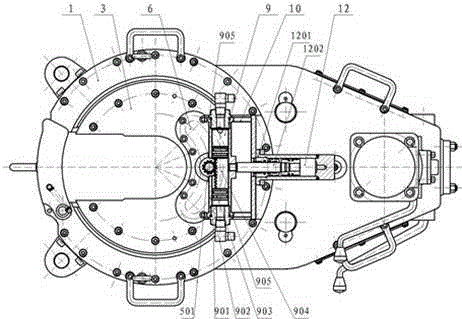 A hydraulically controlled stop pin reset device with movable guide rail of power tongs