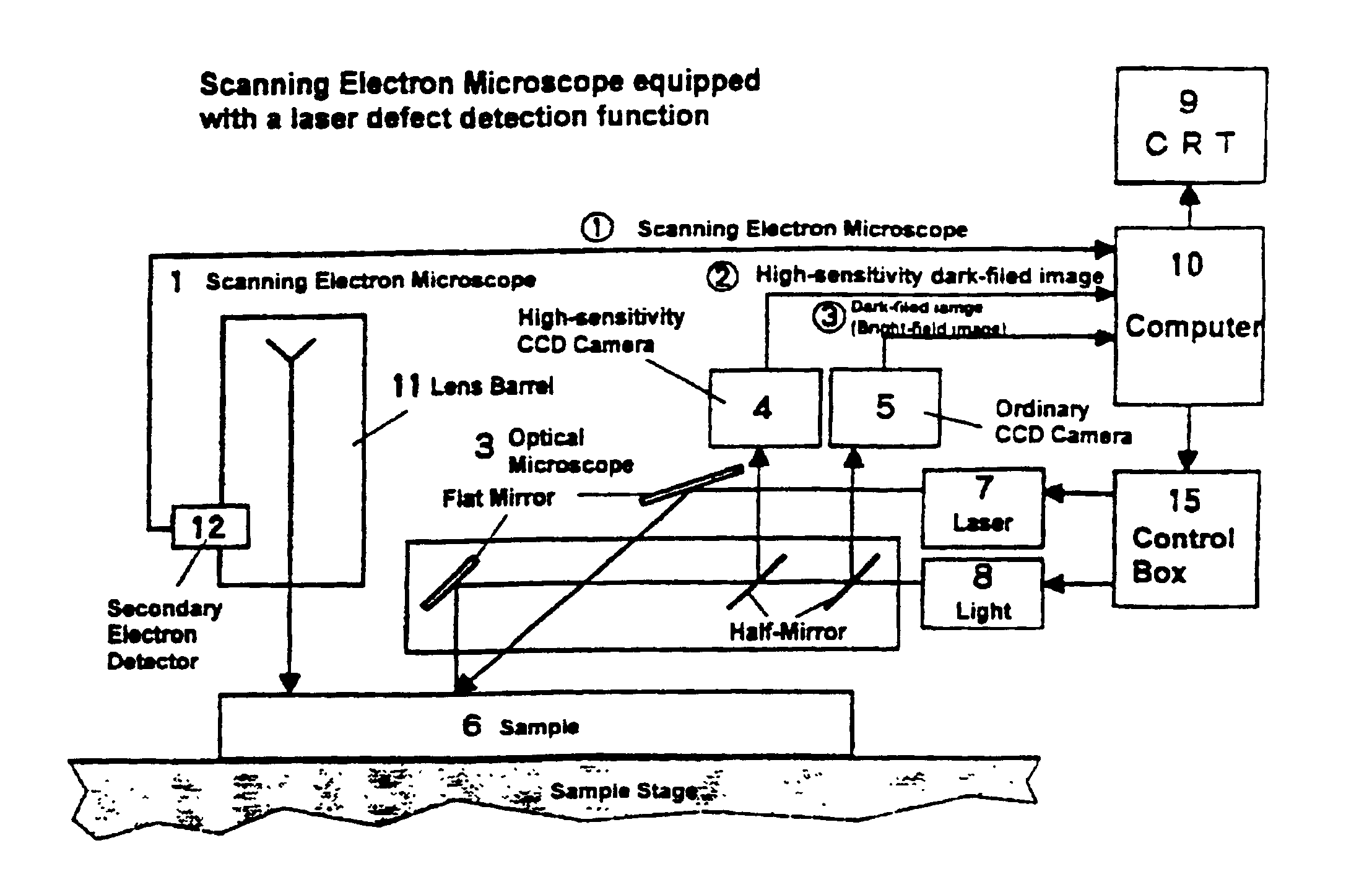 Automatic focusing system for scanning electron microscope equipped with laser defect detection function