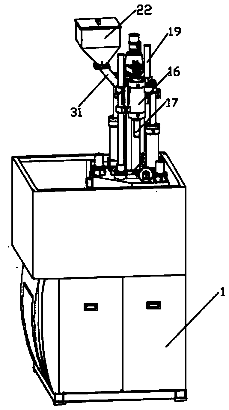 Vertical injection molding mechanism achieving efficient mold compounding and working method of vertical injection molding mechanism