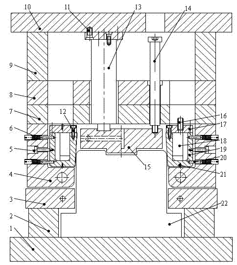 Hot forming die with combined cooling female die and changeable movable base plate