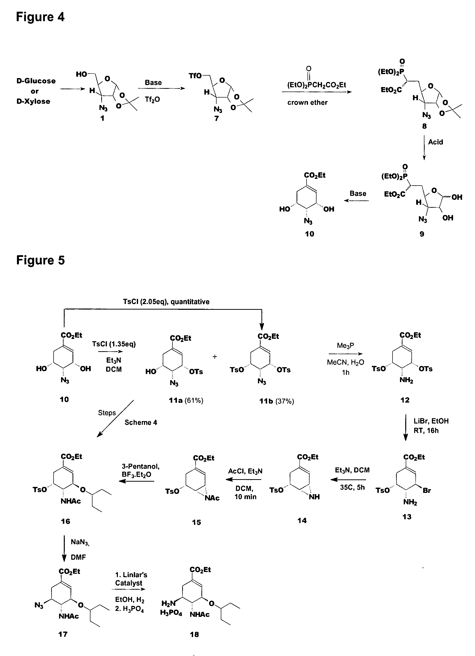 Preparation of oseltamivir phosphate (Tamiflu) and intermediates starting from D-glucose or D-xylose