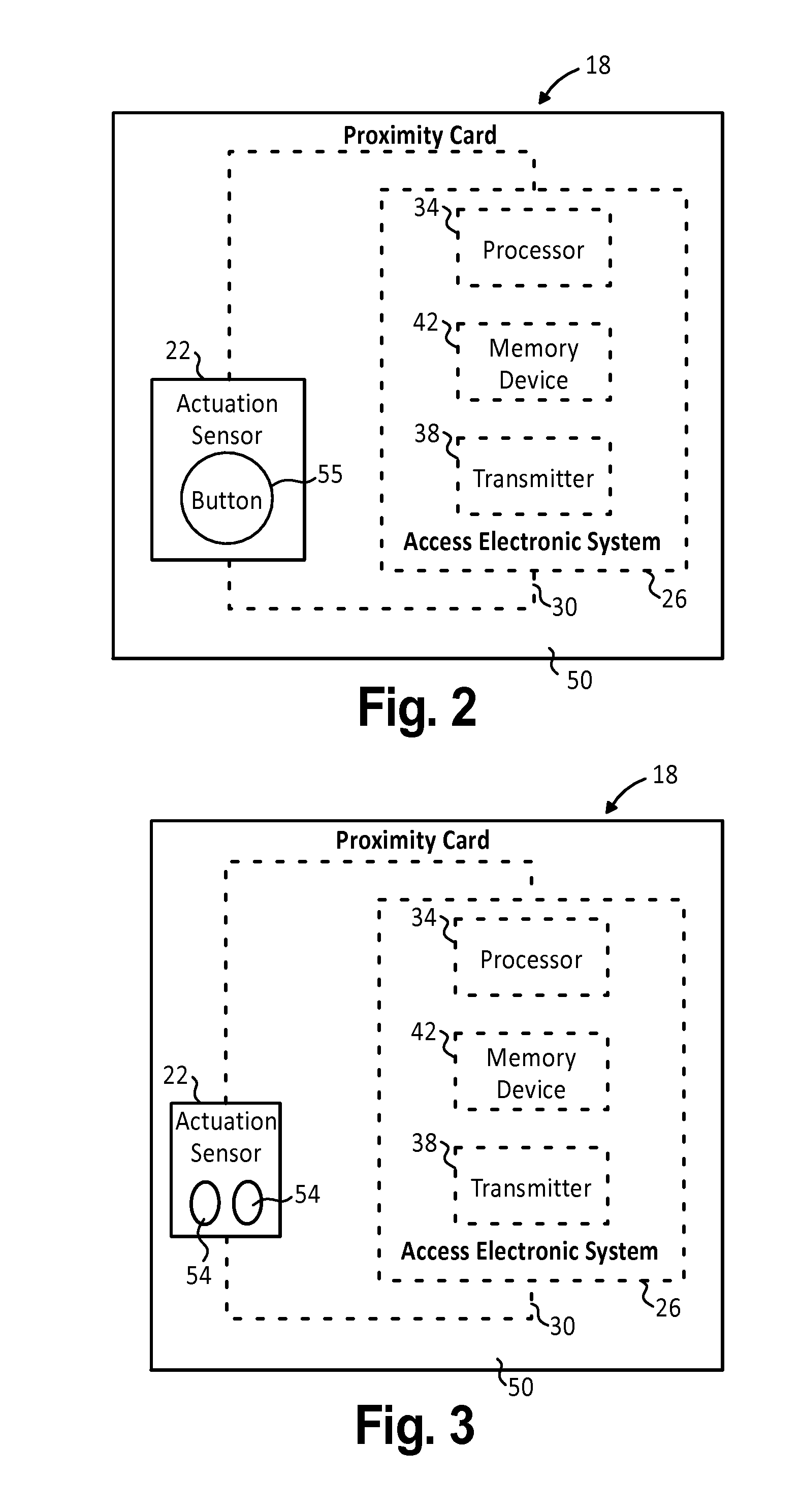 Access control proximity card with actuation sensor