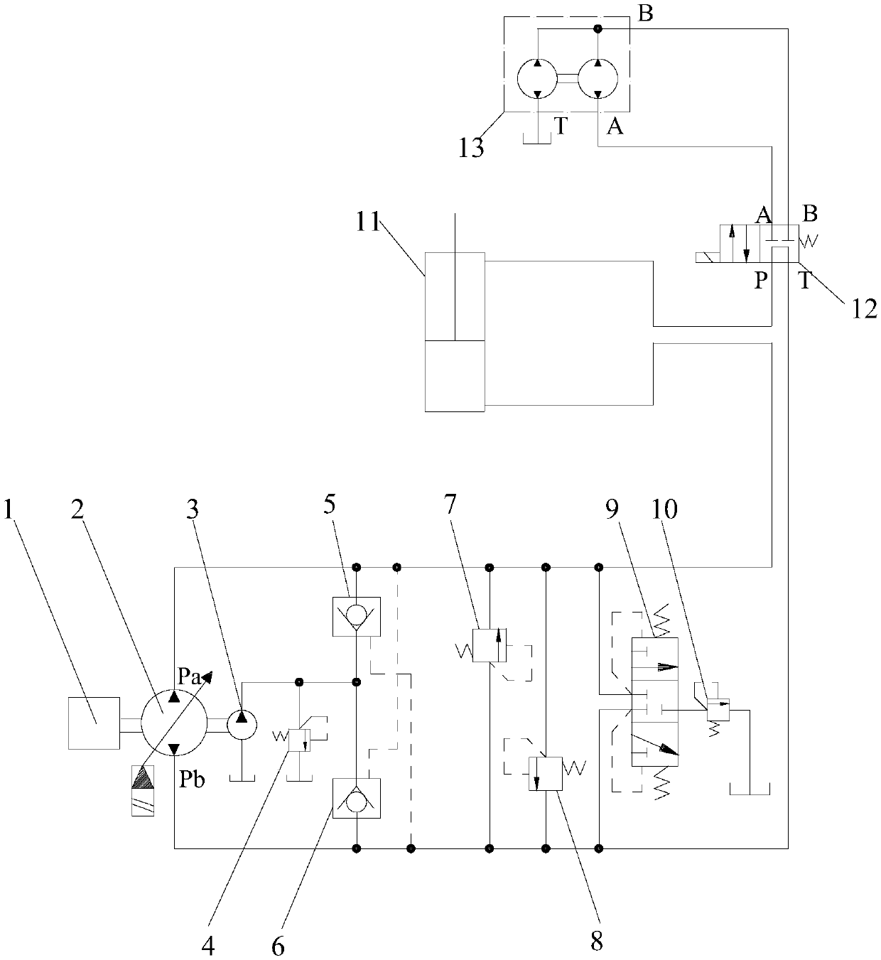 Hydraulic loop of pump-controlled single rod piston cylinder