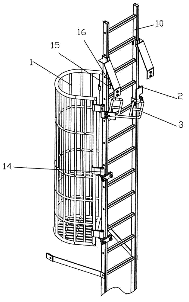 Ladder stand safety protection device on top of tower of wind driven generator