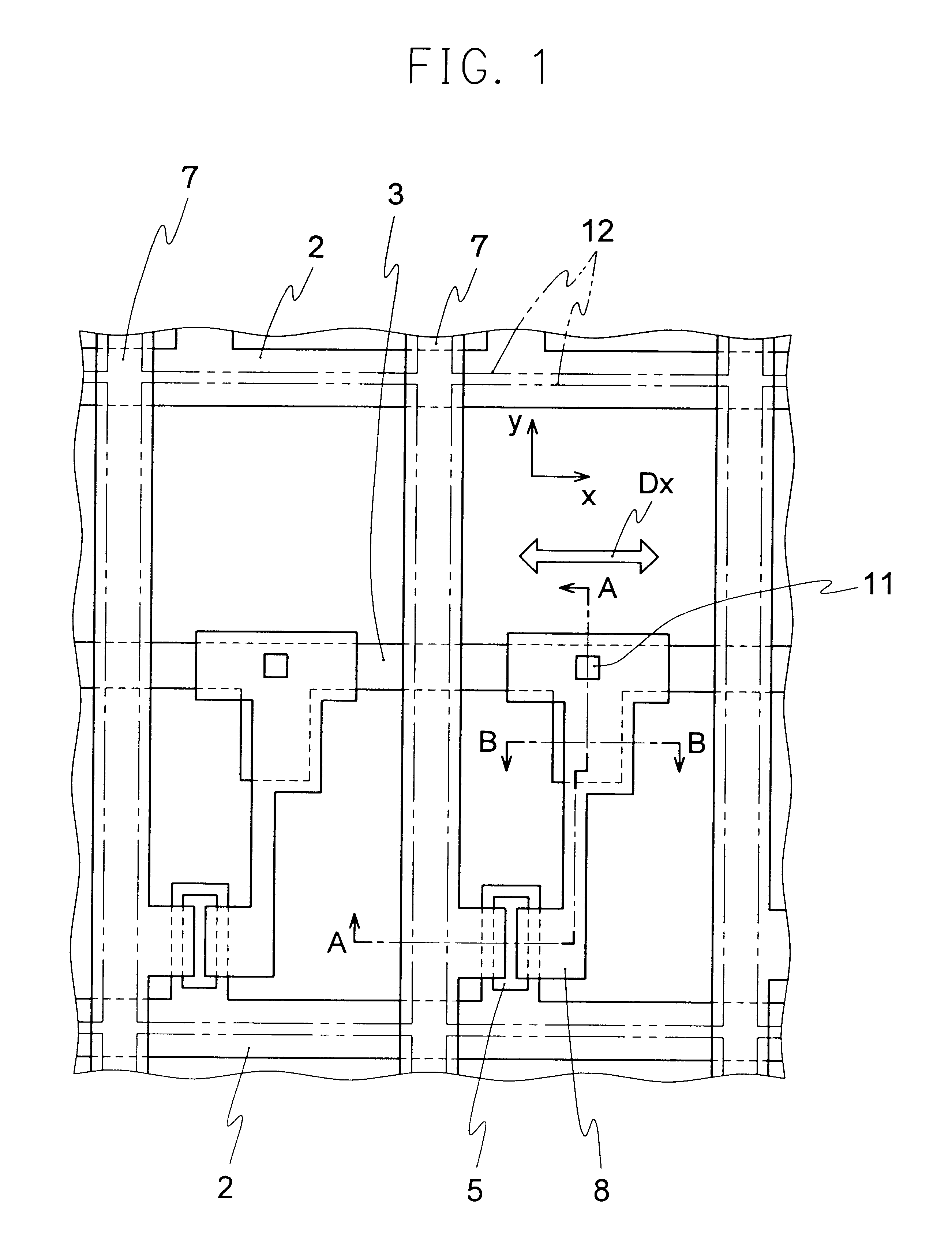 Active matrix LCD in which a change in the storage capacitance Cs due to having multiple exposure regions is compensated for by a change in the coupling capacitance Cgd