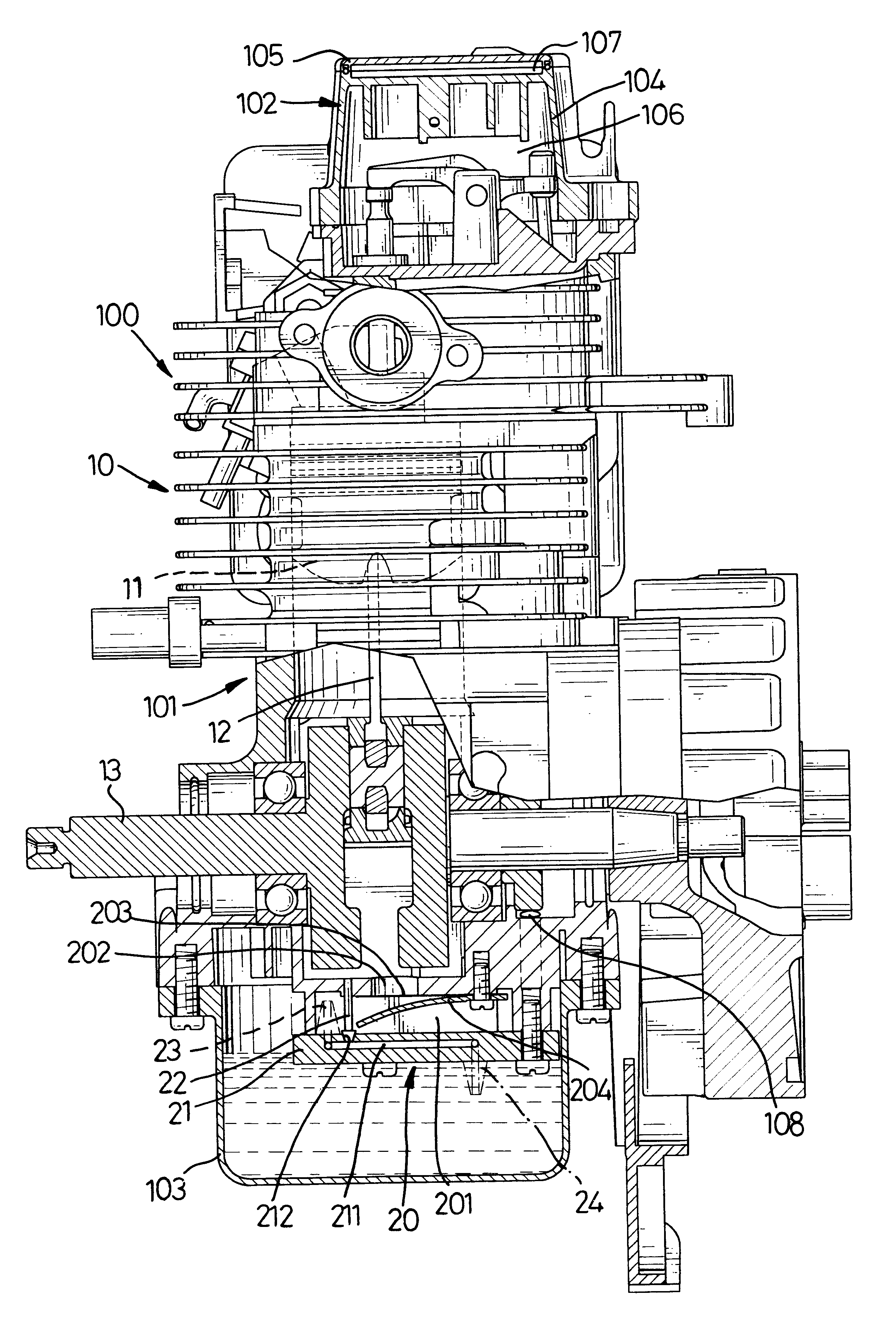 Four-stroke engine with an oil spray generating assembly for lubrication