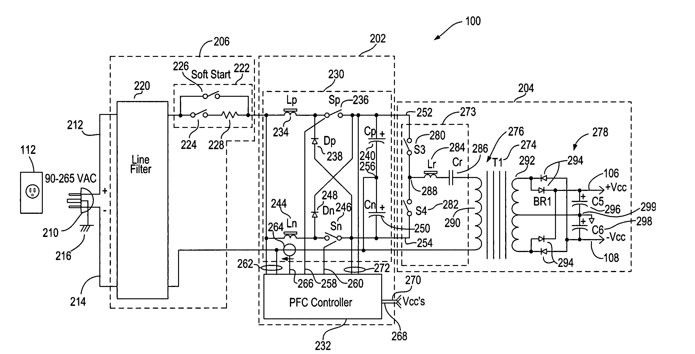 Opposed current converter power factor correcting power supply