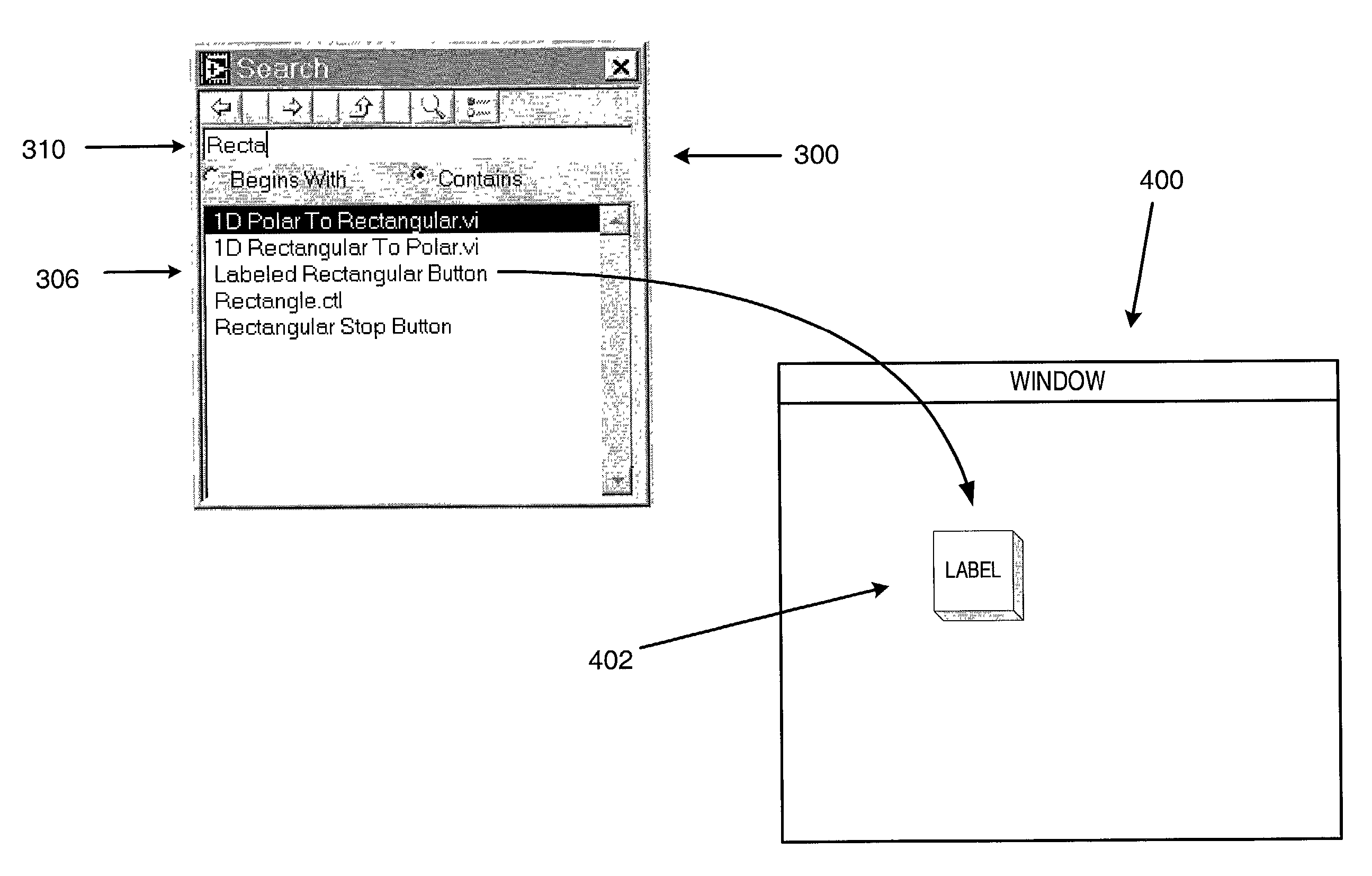 Graphical user interface including palette windows with an improved search function