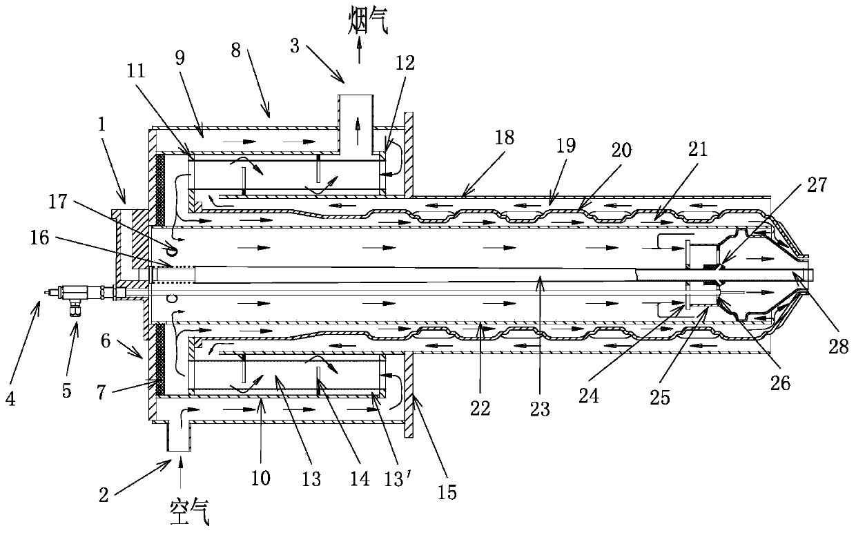 High-efficiency low-NOx two-stage self-preheating burner