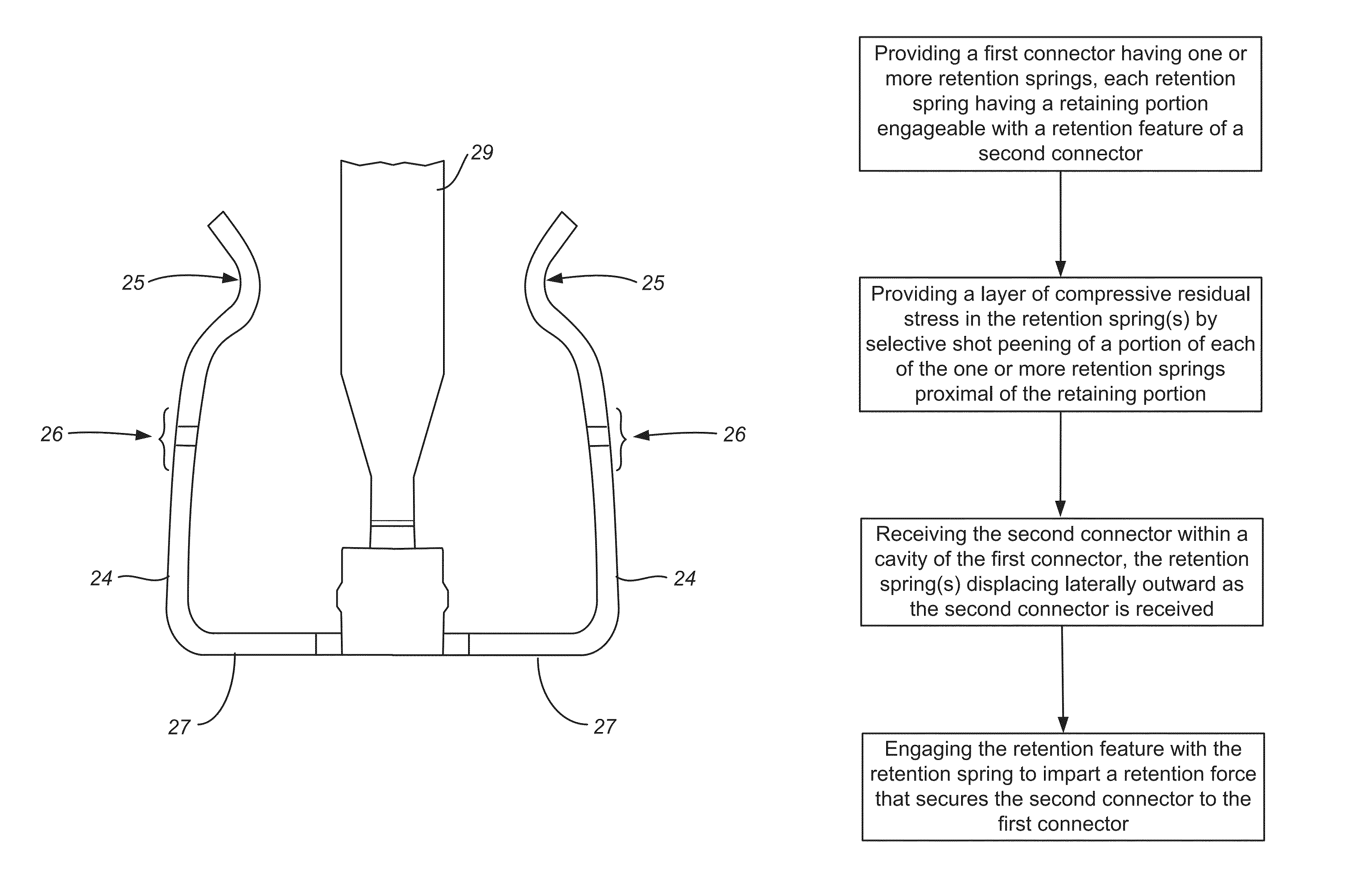 Latch assembly having spring arms each with a retaining portion and a reinforced portion