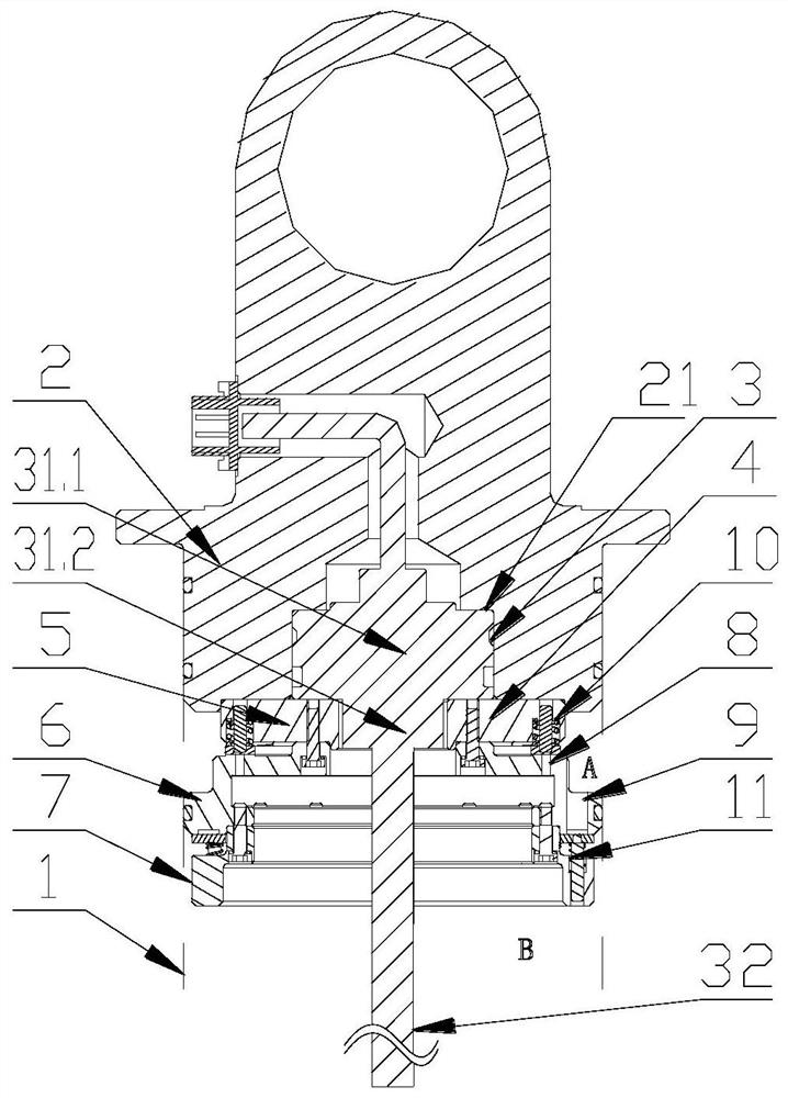 An oil-pneumatic spring base assembly integrating a vehicle height sensor and a valve group