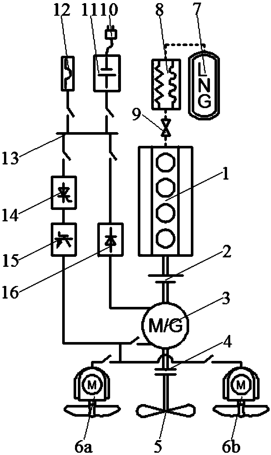 Single-engine three-propeller type air-electric hybrid ship power system