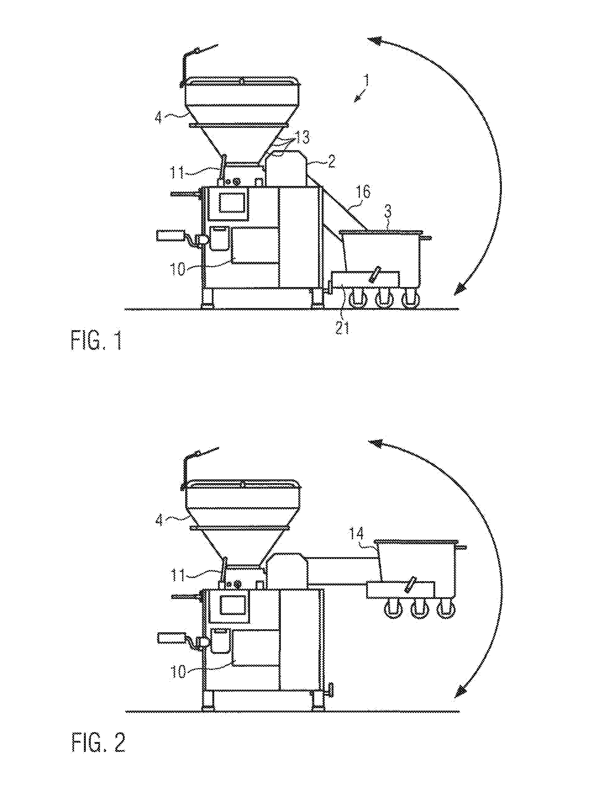 Device and method for loading a food processing machine, in particular a filling machine or a cutter, with food