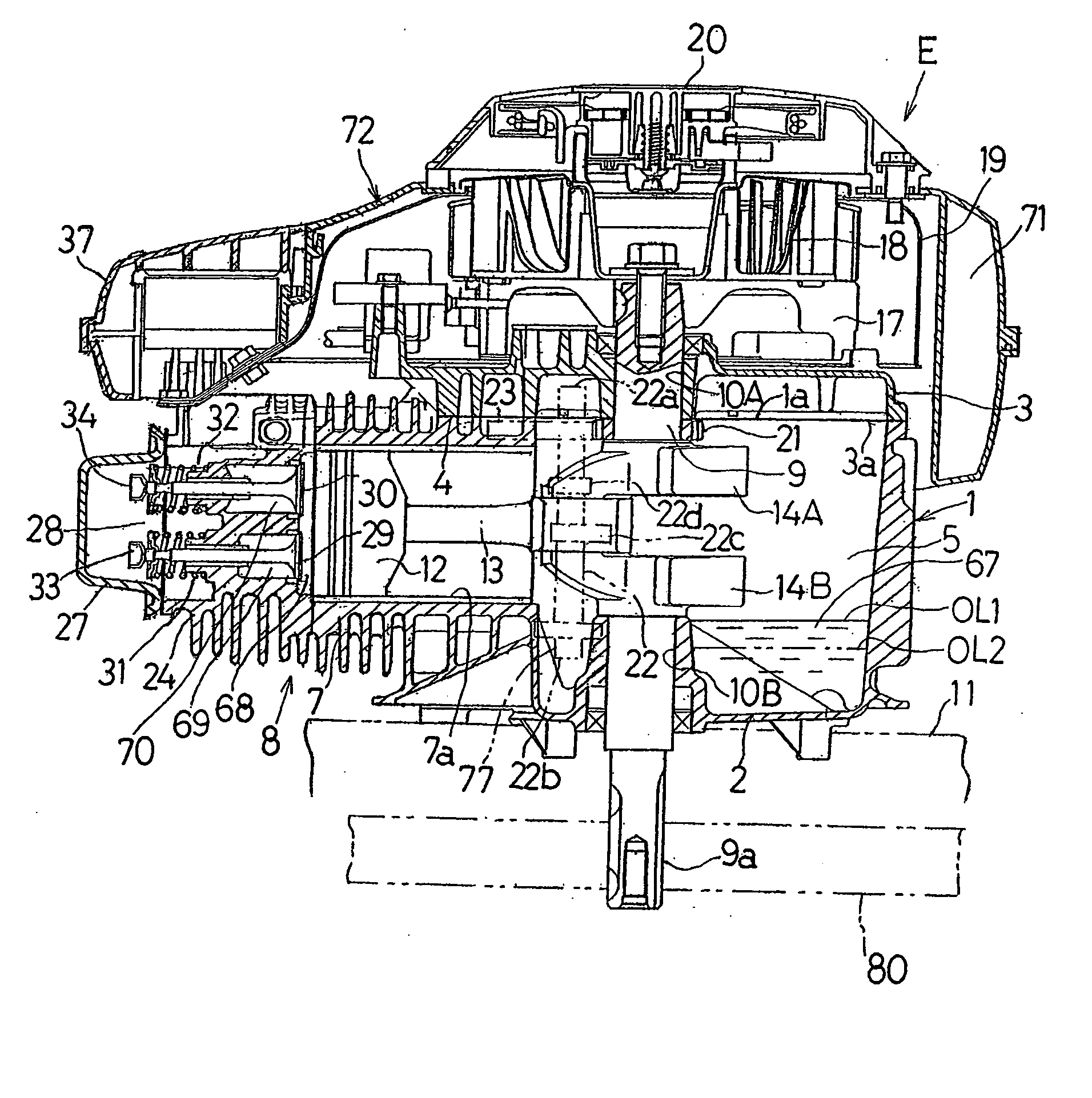 Combustion engine of vertical shaft type