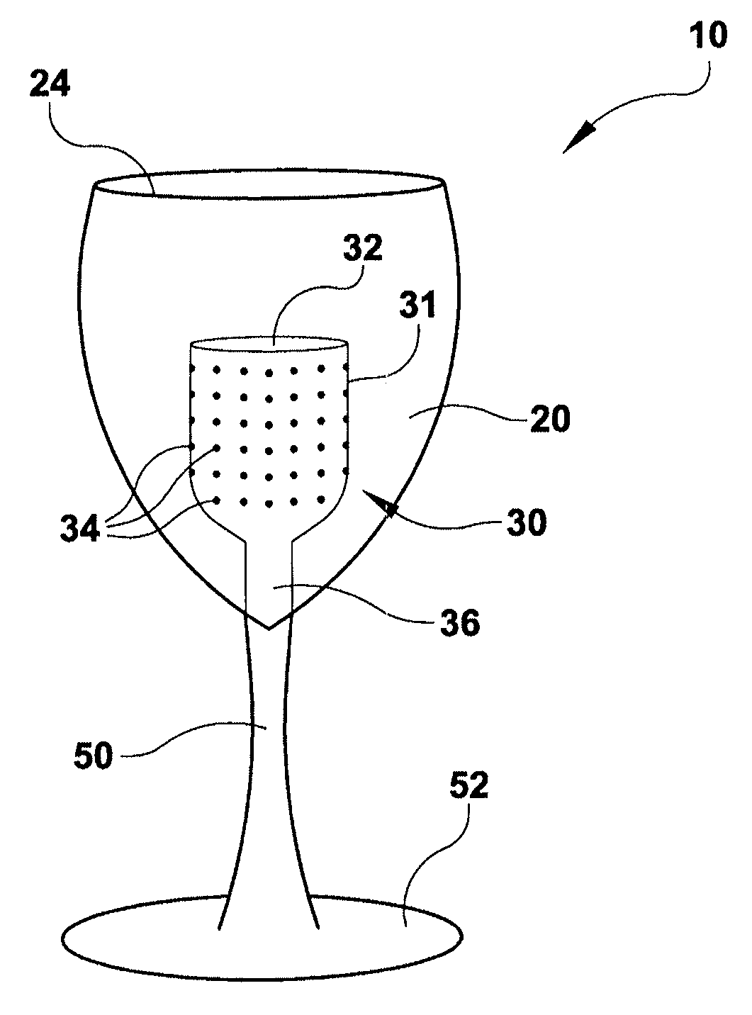 Beverage glass with internal decanting, filtering, mixing and aerating cell
