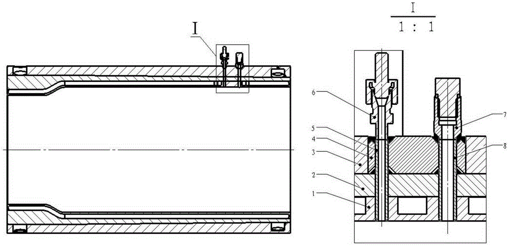 Temperature and pressing measuring device on water-cooling wall surface of combustion chamber and machining method thereof