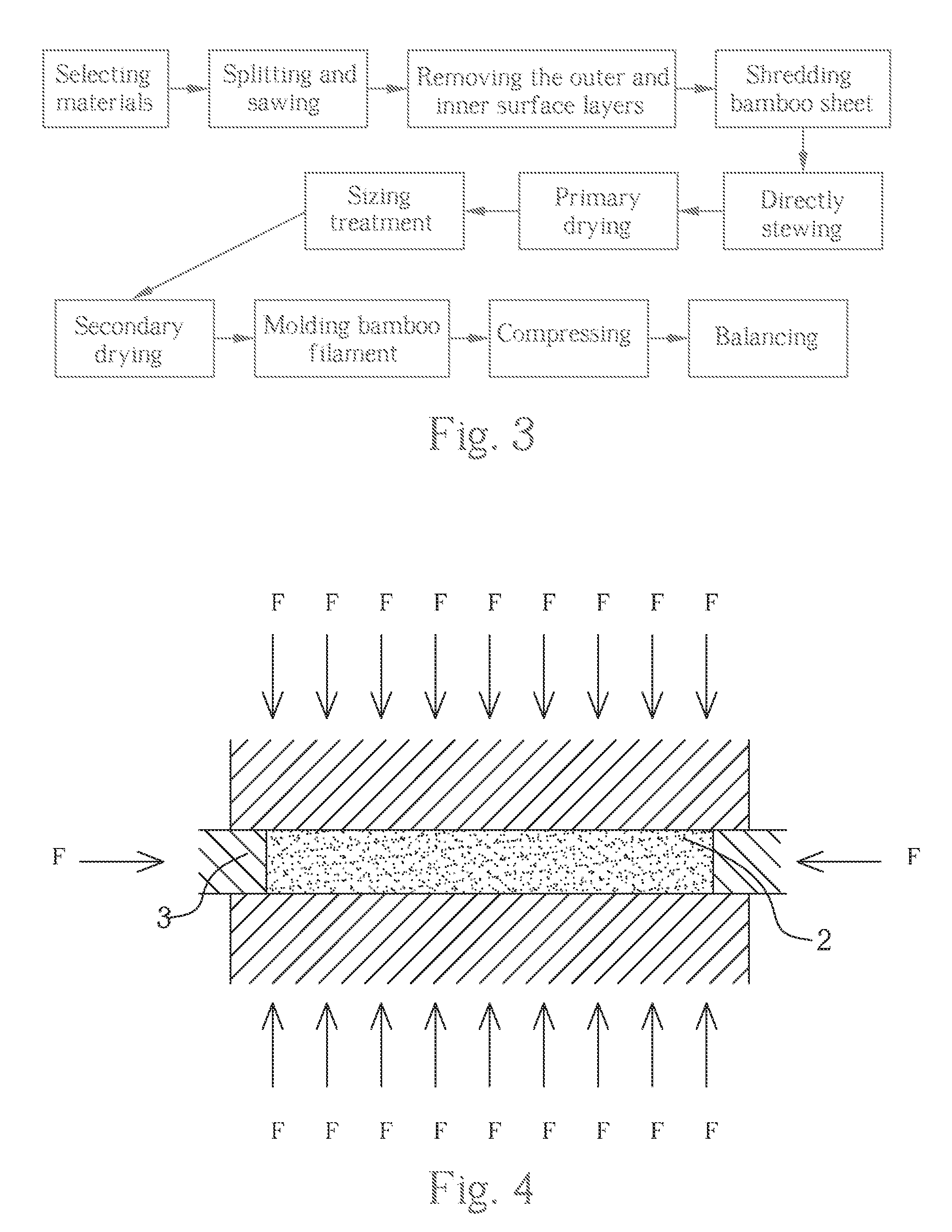 Process for making a bamboo filament slab floor by opposite directional hot pressing