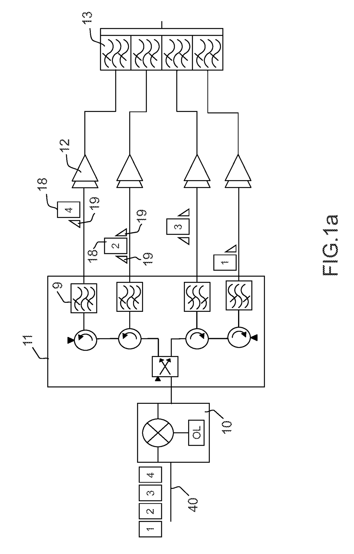 Satellite-based emission and reception device with high multi-path attenuation rate, repeater and satellite which are equipped with such a device