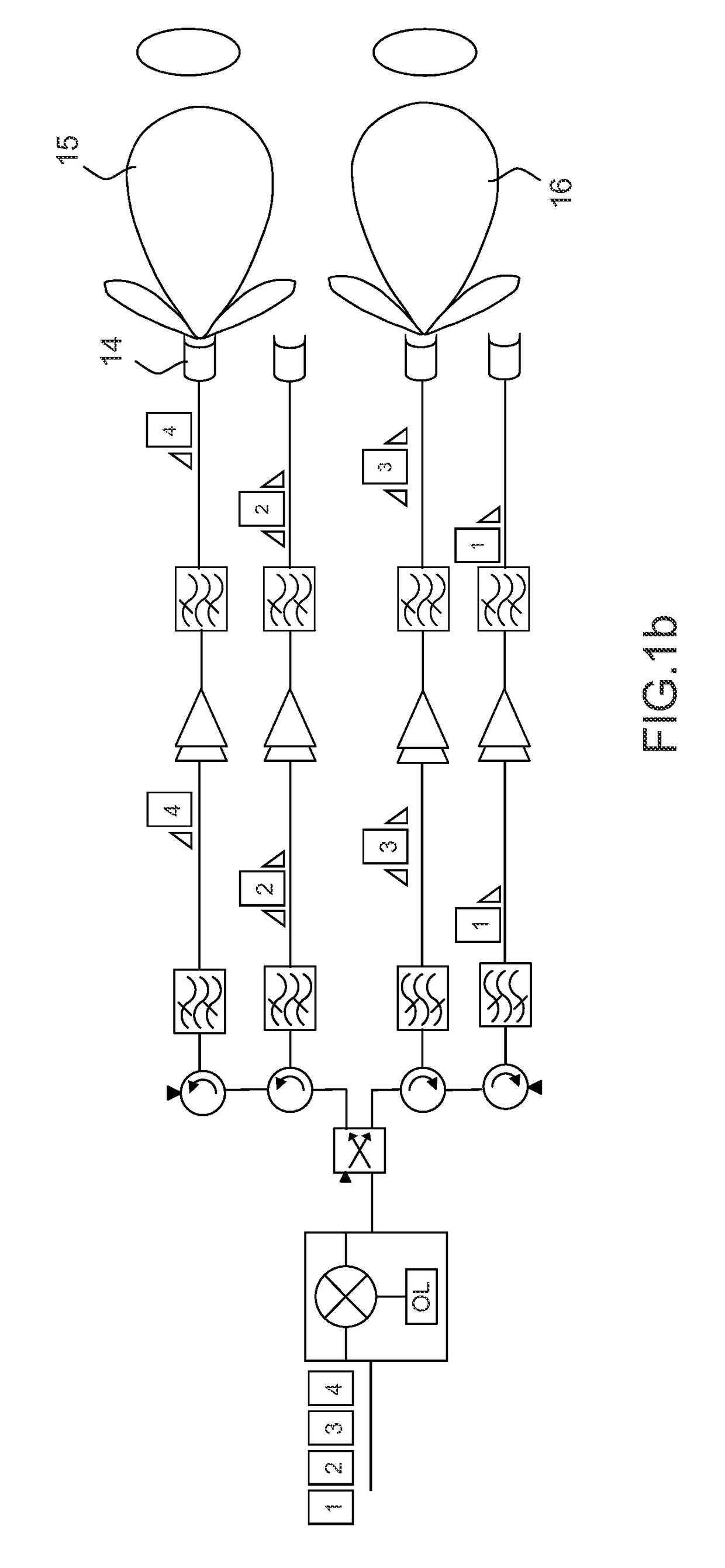 Satellite-based emission and reception device with high multi-path attenuation rate, repeater and satellite which are equipped with such a device