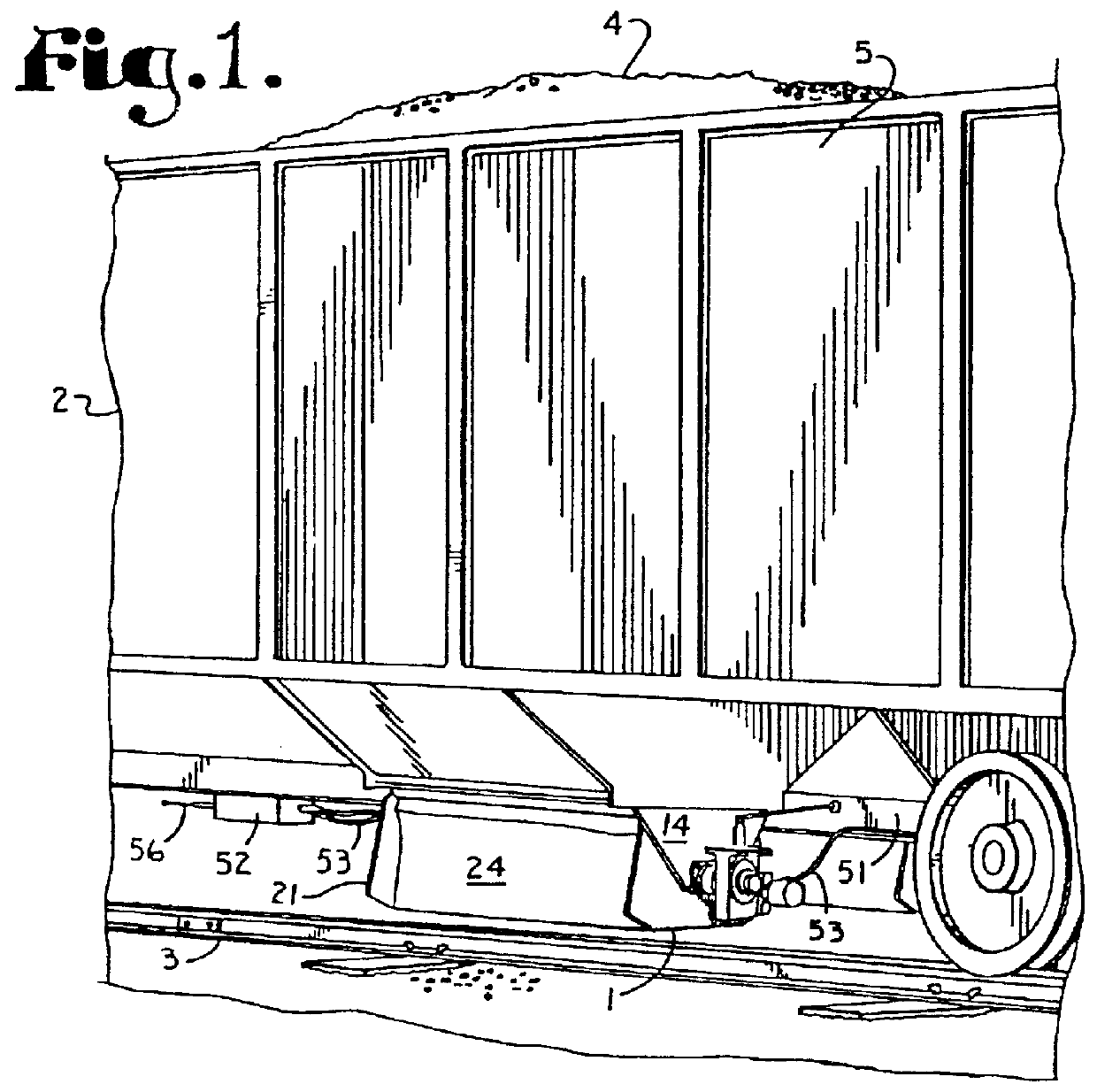 Railroad hopper car with ballast distributing blades and remote control system