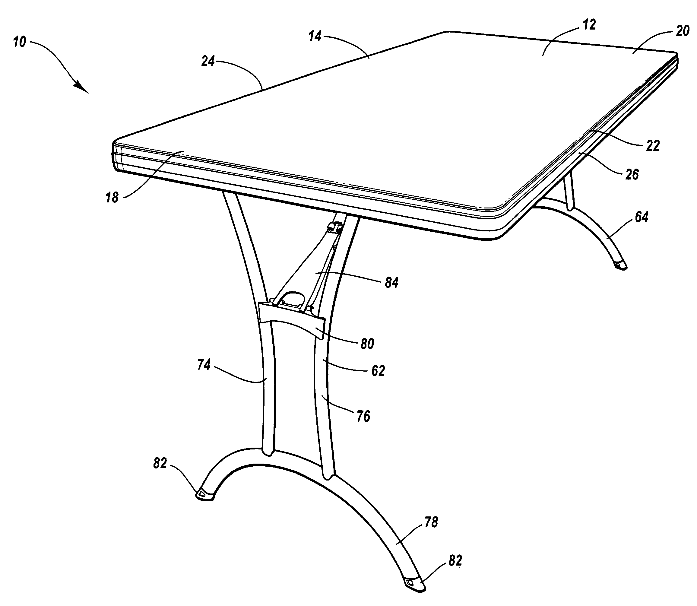 Pivotal connection of a table leg to a frame