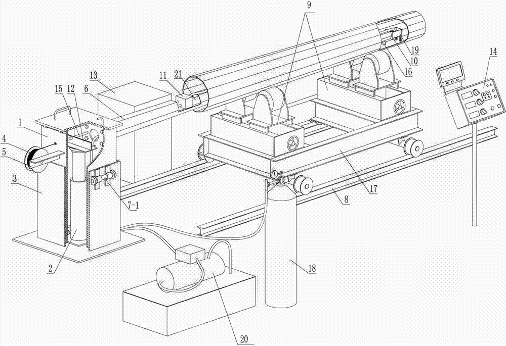 Automatic gas shielded welding device of longitudinal gap in steel pipe cavity