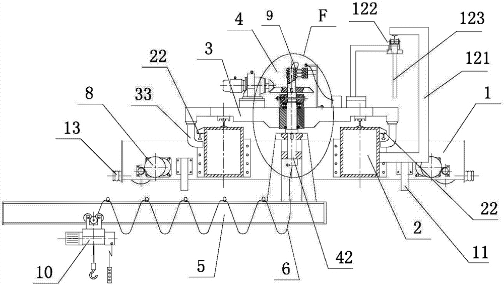 Crane provided with running trolley and safety hooks and capable of rotating any angle