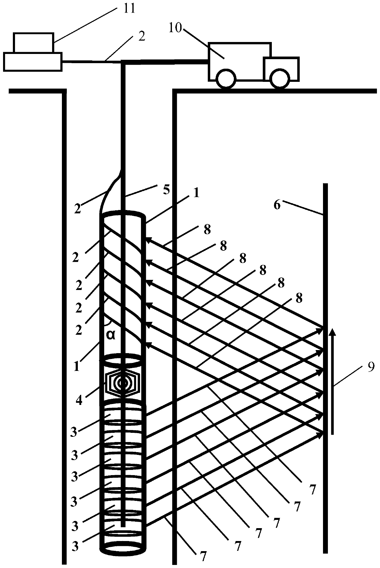 Three-component sound wave far-detection logging device and measuring method thereof