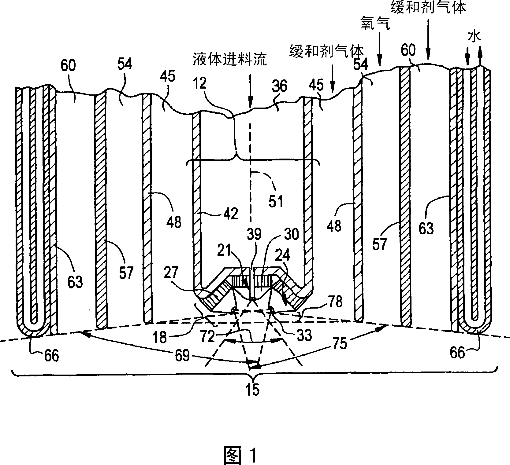 Feed nozzle assembly and burner apparatus for gas/liquid reactions