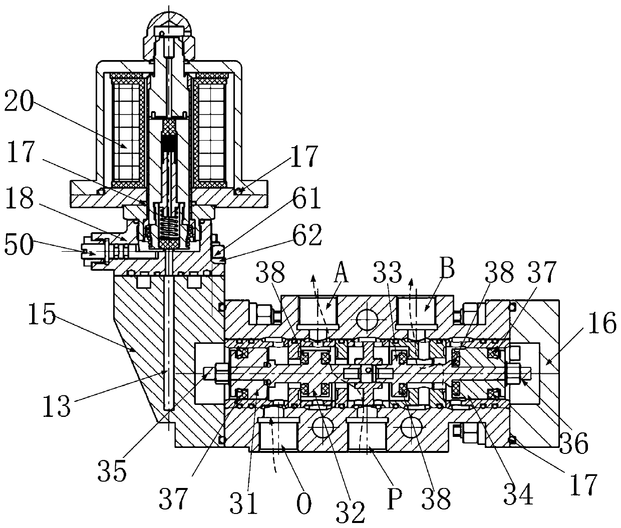 Electromagnetic pilot-operated type four-way valve