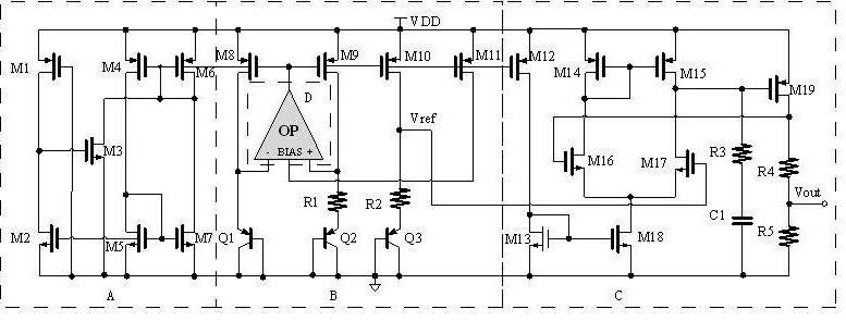 Low temperature coefficient complementary metal oxide semiconductor (CMOS) band-gap reference circuit of output belt low drop-out linear voltage regulator