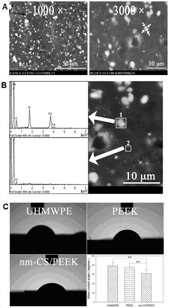 Nano calcium silicate-polyetheretherketone (PEEK) composite material and preparation method thereof