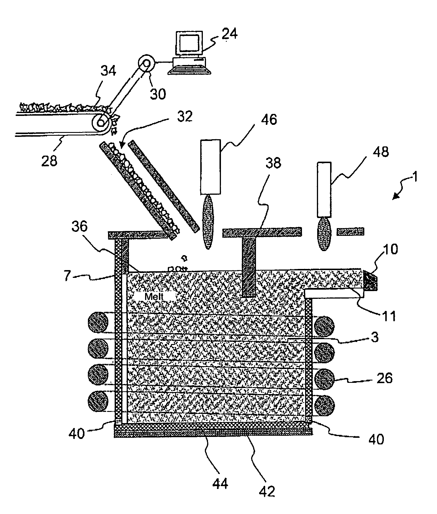 Melting and refining in tanks with cooled walls